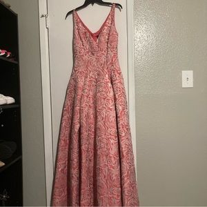 Pink Floral Gown Formal Dress v cut neckline